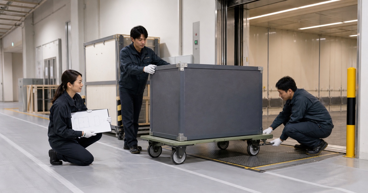 美術品輸送の荷役工程と補助機器を現場図で確認する応募者