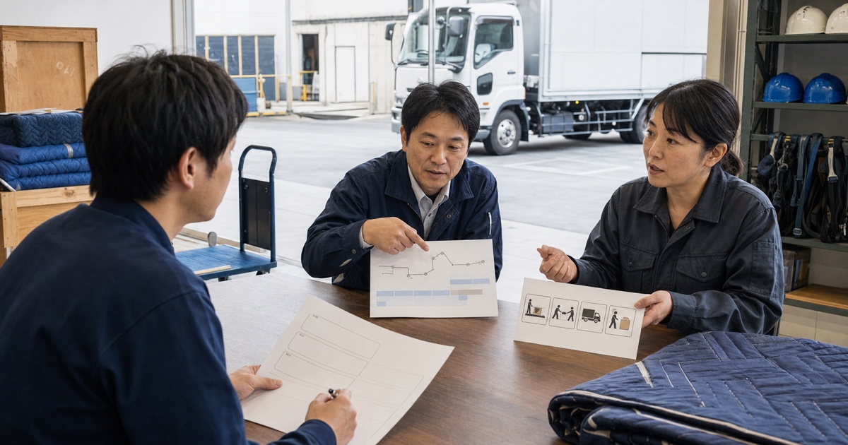 美術品輸送の面接で配車・荷役・給与条件を質問する応募者