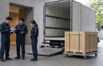美術館搬入口で車検証と荷役計画を確認する美術品輸送チーム