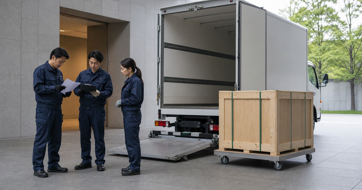美術館搬入口で車検証と荷役計画を確認する美術品輸送チーム
