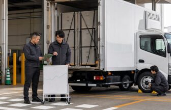 美術品輸送の運行前に車両と荷役計画を確認する安全担当者