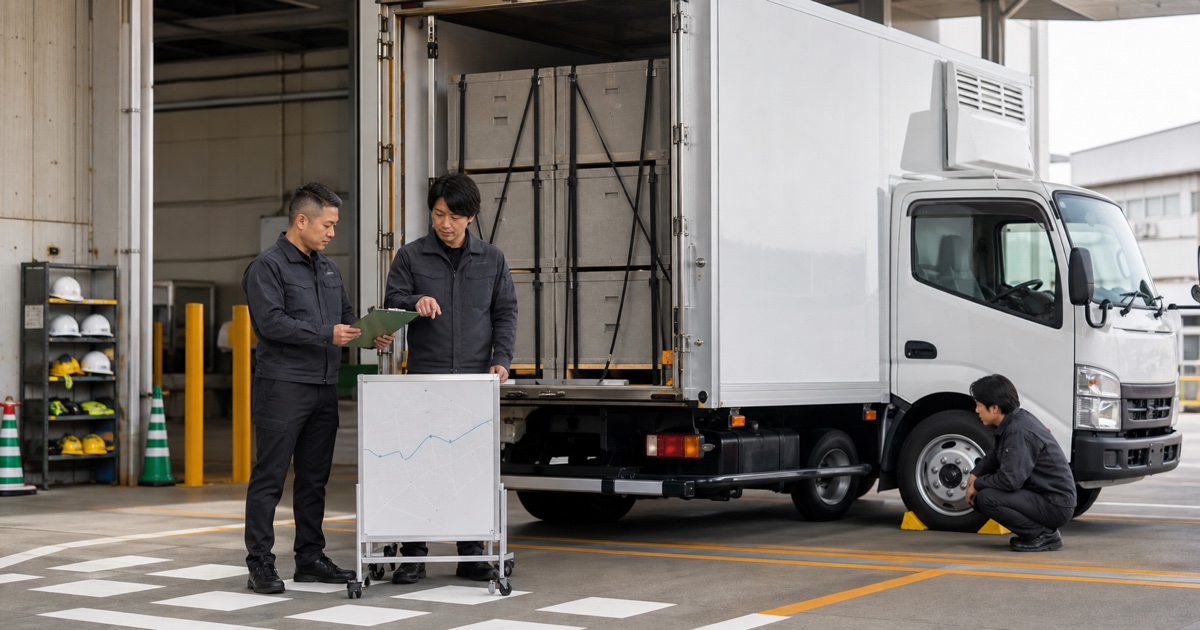 美術品輸送の運行前に車両と荷役計画を確認する安全担当者