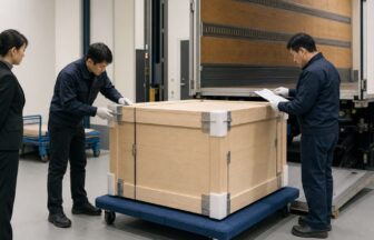 美術館の搬入口で専用輸送箱の封印と状態票を確認する美術品輸送チーム