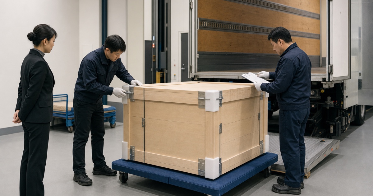美術館の搬入口で専用輸送箱の封印と状態票を確認する美術品輸送チーム