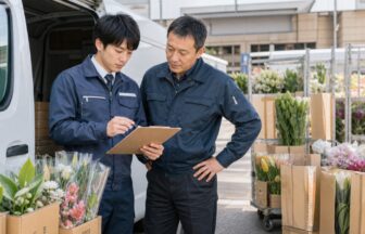 生花配送の新人教育で確認表を使う指導者とドライバー