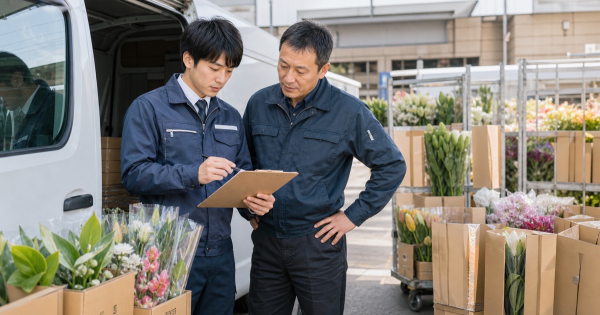 生花配送の新人教育で確認表を使う指導者とドライバー