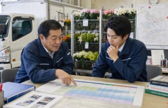 生花配送の技能台帳と次の役割を確認する先輩とドライバー
