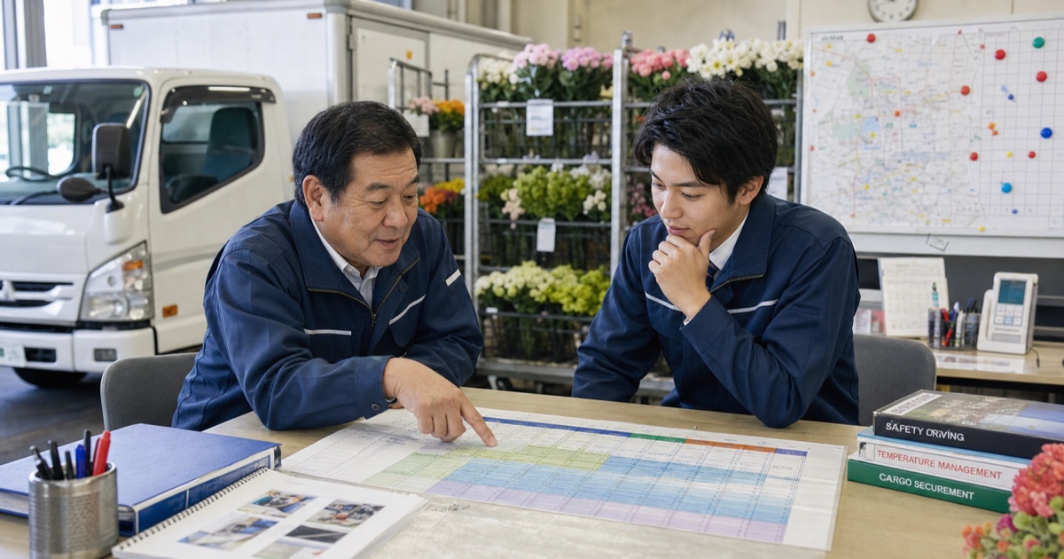 生花配送の技能台帳と次の役割を確認する先輩とドライバー
