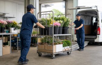 生花の台車を二人で安全に配送車へ移動する作業