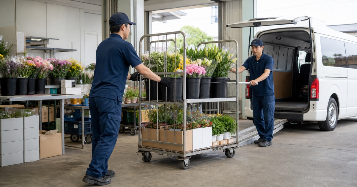 生花の台車を二人で安全に配送車へ移動する作業