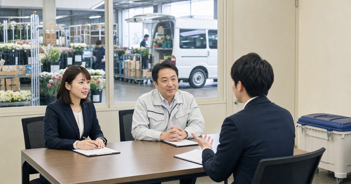 生花配送の面接で仕事内容を質問する応募者と担当者