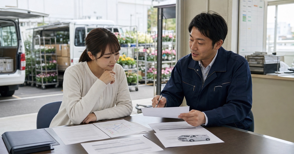 生花配送の求人票と車両条件を拠点で比較する応募者