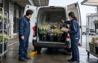 生花配送車の積載と固定を出発前に点検する担当者