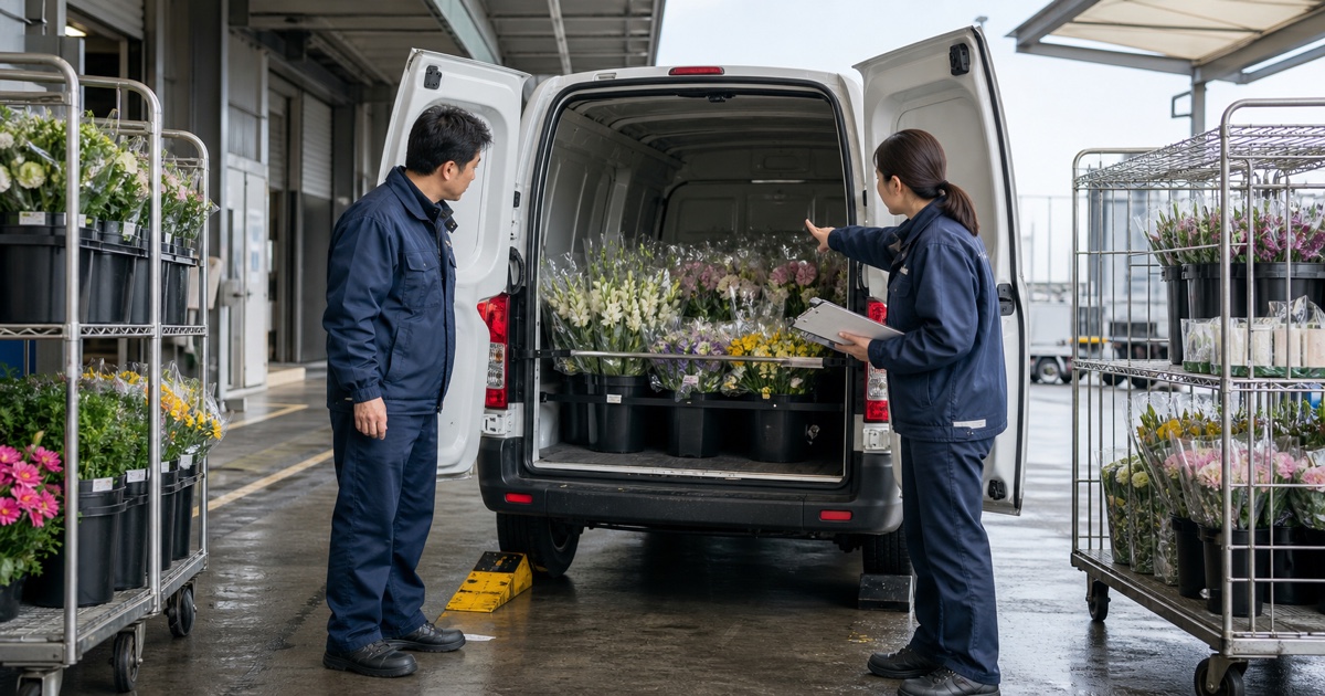 生花配送車の積載と固定を出発前に点検する担当者