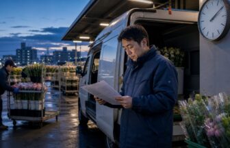 早朝の花き市場で便の時刻と経路を確認するドライバー