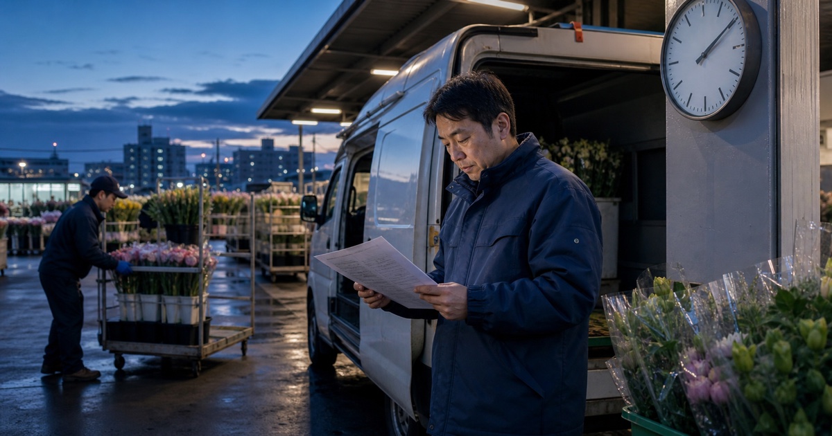 早朝の花き市場で便の時刻と経路を確認するドライバー