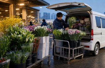 生花市場で切り花を配送車へ積み込むドライバー