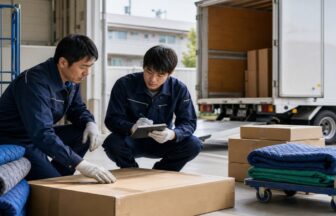 家具配送の新人研修で梱包家具と養生材を確認する指導者と研修者