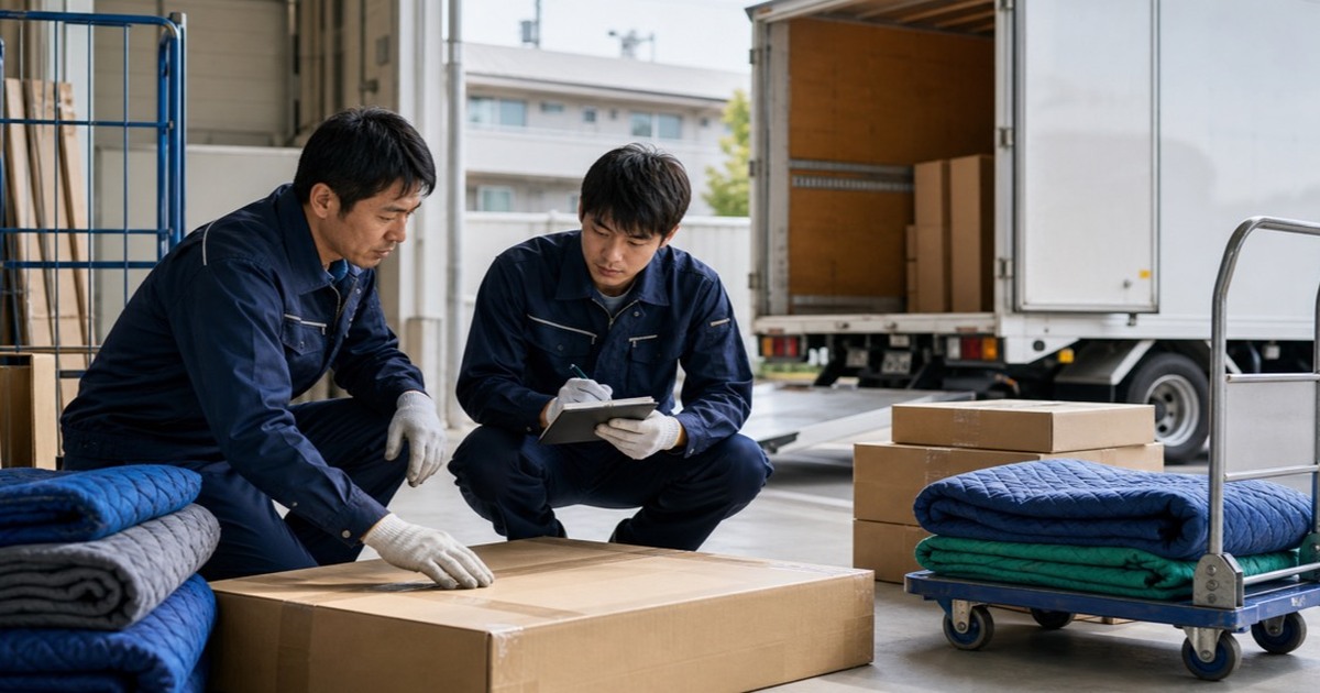 家具配送の新人研修で梱包家具と養生材を確認する指導者と研修者