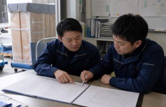家具配送の技能台帳と次の役割を拠点で確認するドライバーと上司