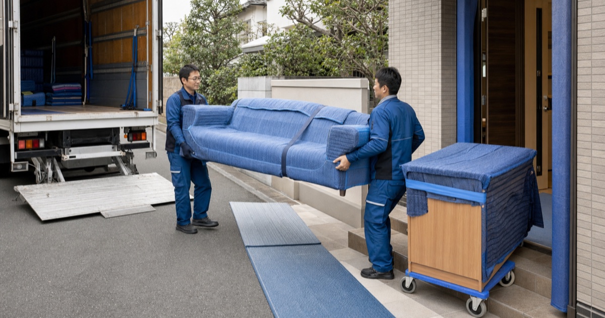 養生したソファを二人で搬入する家具配送スタッフ