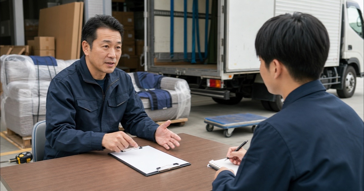 家具配送の面接で仕事内容を質問する応募者と担当者