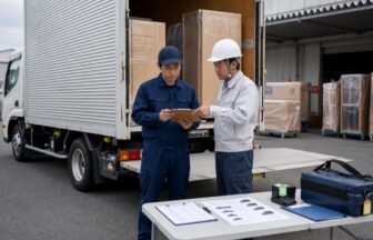 箱車とリフトゲートの前で車両条件と設備を確認する家具配送スタッフ