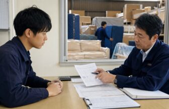 家具倉庫の事務所で勤務記録と給与条件を確認する応募者