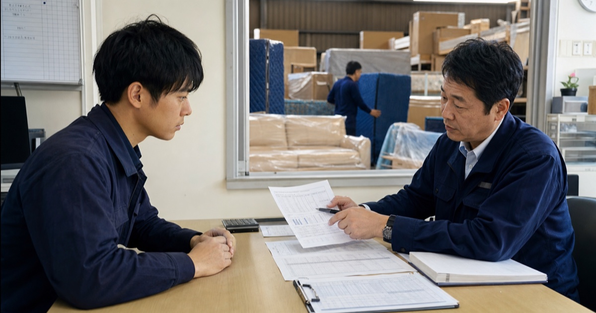 家具倉庫の事務所で勤務記録と給与条件を確認する応募者