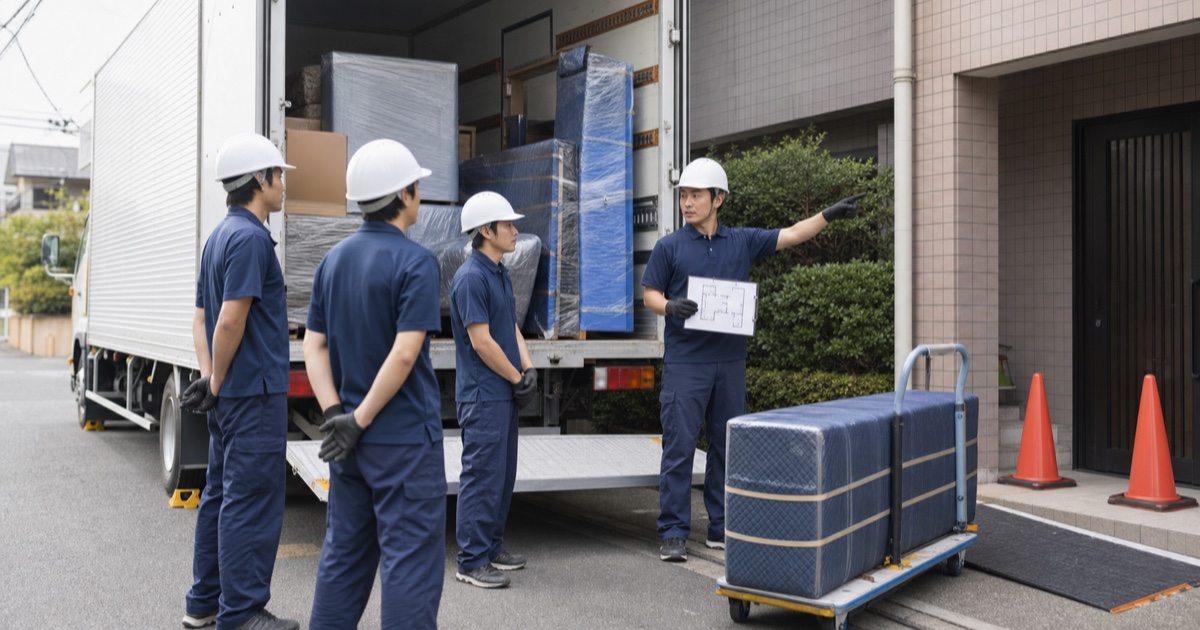 搬入前に経路図と危険箇所を確認する家具配送チーム