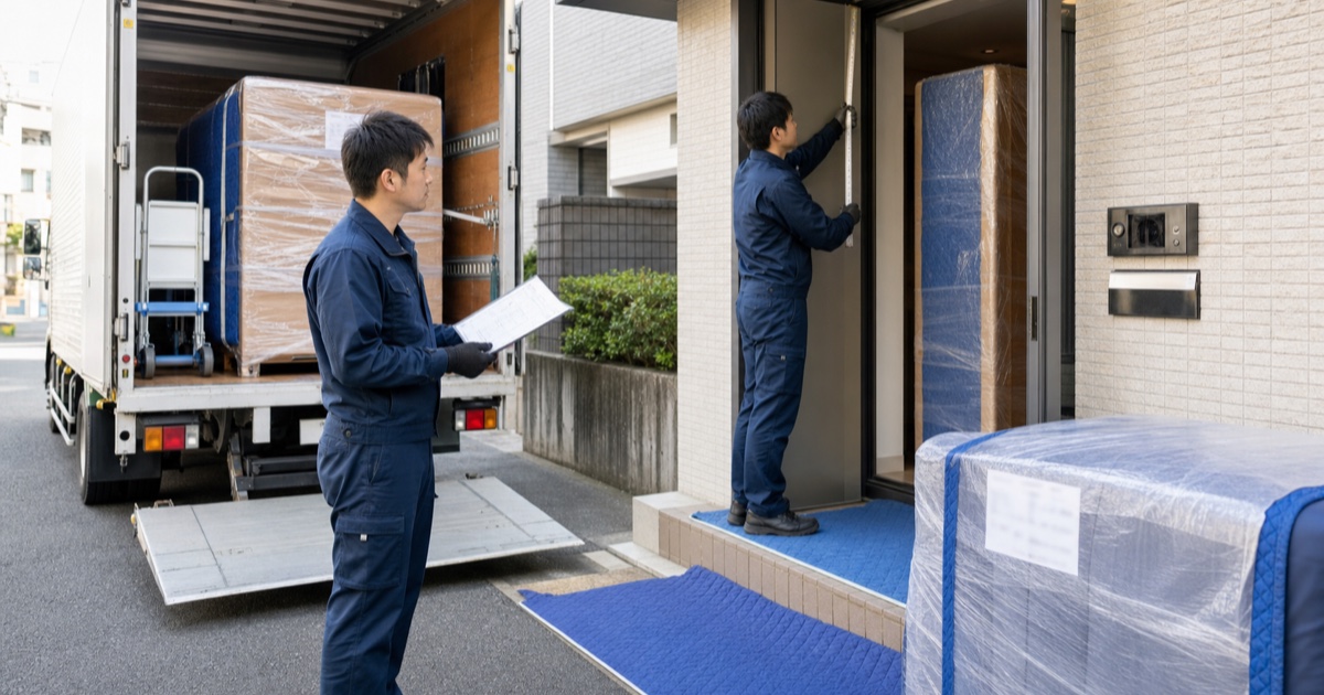 玄関の幅と養生を確認する家具配送スタッフ