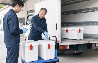 空の密閉容器と台車で感染性廃棄物収集運搬を学ぶ新人と指導者