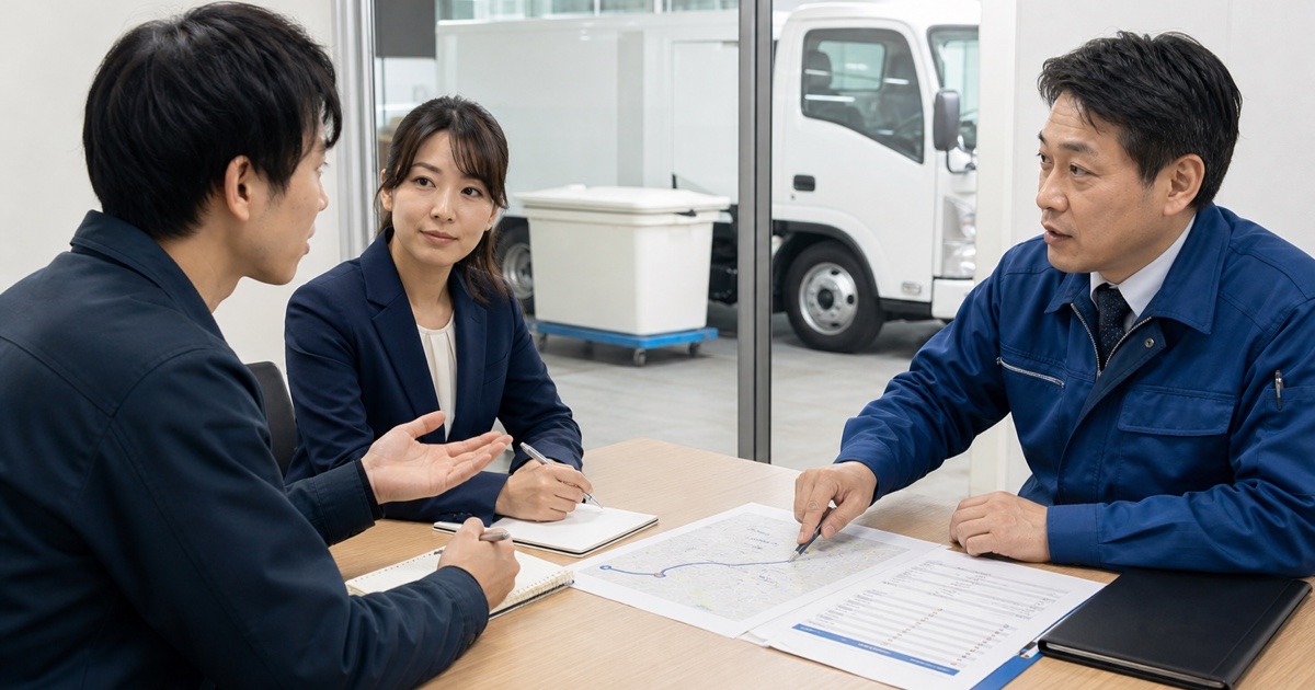 感染性廃棄物収集運搬の面接で配車・教育・給与を質問する応募者
