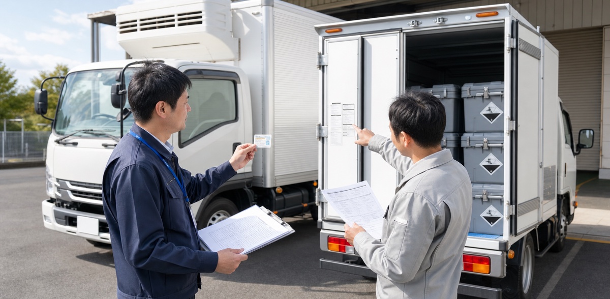 感染性廃棄物収集運搬の許可書類と車両登録を照合する担当者