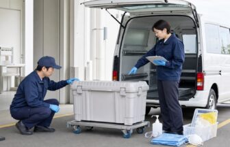 感染性廃棄物の密閉容器と保護具を出発前に点検する担当者