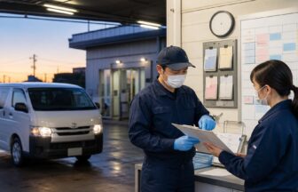 早朝の配車表と回収ルートを確認する感染性廃棄物収集運搬担当者