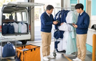 クリーニング集配の識別・区分・積載を実地で学ぶ新人と指導者