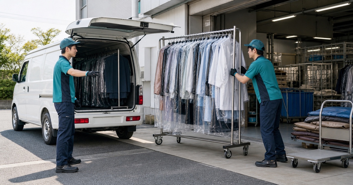 クリーニング集配の衣類ラックを二人で安全に車両へ移動する作業