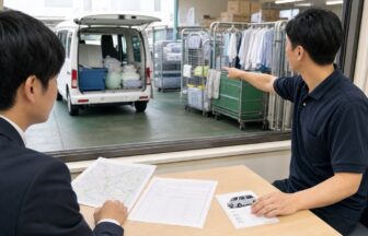 クリーニング集配の求人票と実際の車両・荷姿を比較する応募者
