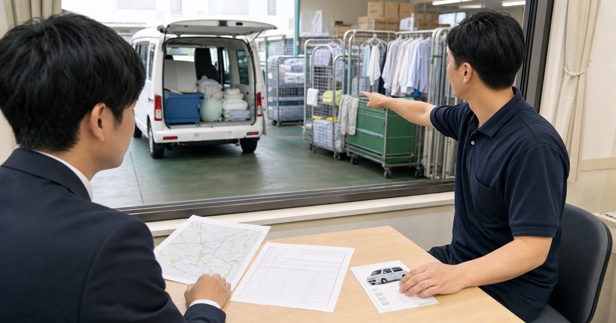 クリーニング集配の求人票と実際の車両・荷姿を比較する応募者