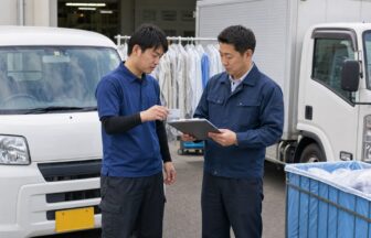 クリーニング集配の車両と免許条件を確認する担当者