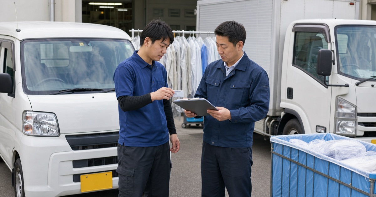 クリーニング集配の車両と免許条件を確認する担当者