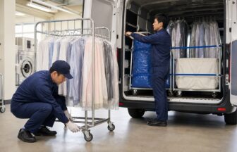 クリーニング集配車でラックの車輪と固定具を点検する担当者