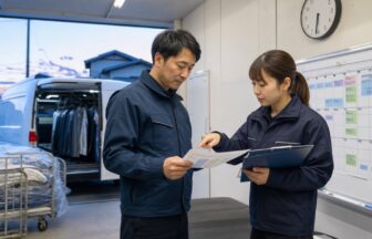 クリーニング集配の週間配車と集配時刻を確認するドライバー