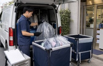 クリーニング集配で衣類袋を照合し区分するドライバー