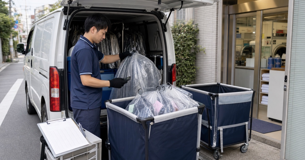 クリーニング集配で衣類袋を照合し区分するドライバー