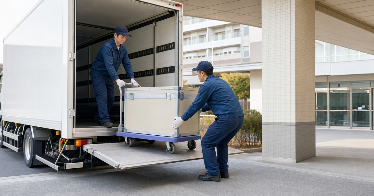 医療機器配送の荷役を昇降設備・台車・二人作業で安全に行う
