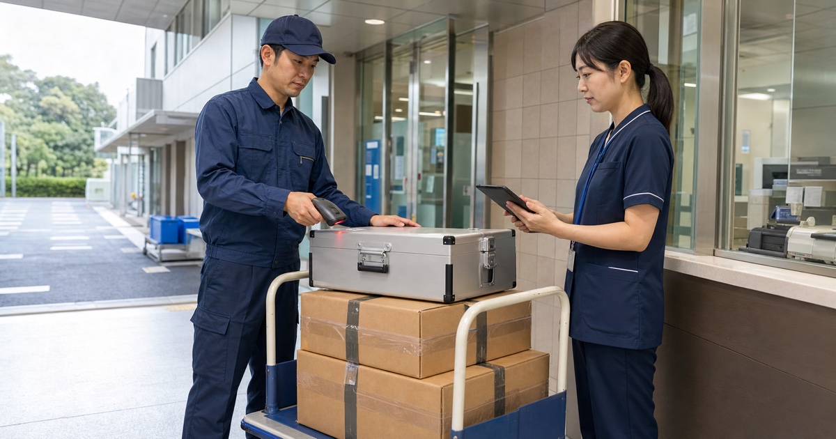 医療機器配送員が病院の受入担当者と封印・識別・受領記録を照合する