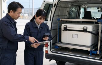 未経験者が検体輸送車両への積載手順を学ぶ様子
