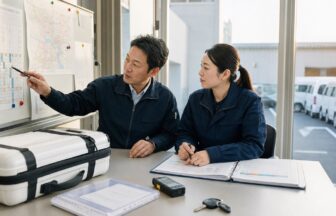 検体輸送の配車計画とキャリアを相談する先輩と担当者
